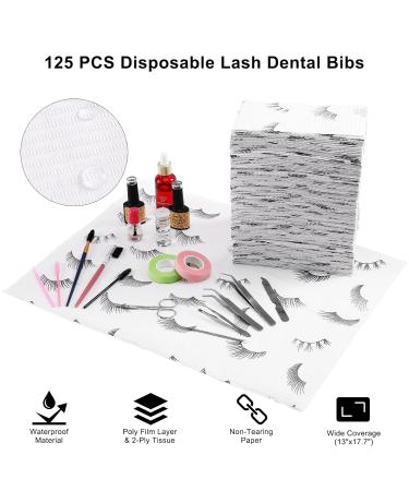 PRASNE Lashing Dental Bibs Disposable 125 Pack + Lash Pillow Cover | White 3-Ply Towels | Waterproof Towels 13 x 18 | Black Eyelash Printed - Buy Online on SooperMarket.com