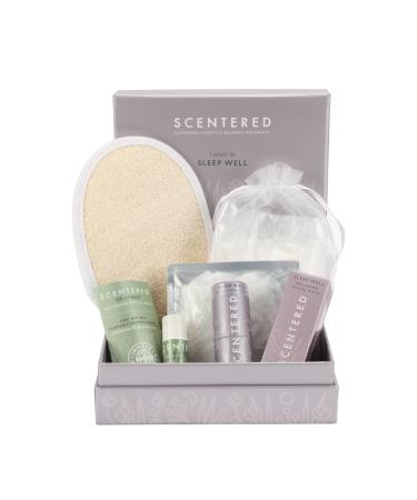 Scentered Prepare for a Great Night's Sleep Bath Set - Bath Salts Aromatherapy Balms Body Loofah Hair Tie & Shower Cap - Relaxing Bath Set for Restful Sleep - Bath Gift Set for Women