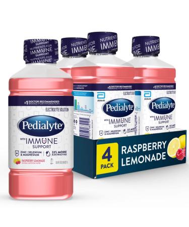 Pedialyte with Immune Support, Raspberry Lemonade, Electrolyte Hydration Drink with Zinc, Selenium, and Magnesium, 1 Liter, Pack of 4 Raspberry Lemon 33.8 Fl Oz (Pack of 4)