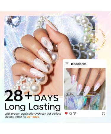 Modelones Chrome Nail Powder Set - White Pearl Effect 4Pcs Powder, Silicone Brush, Cotton Swabs & Color Display Sticks - Buy Online on SooperMarket.com
