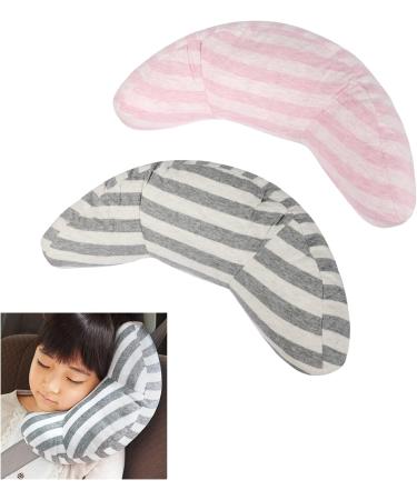 Kids Car Seat Belt Cover Set - Soft Shoulder Pad for Safety & Comfort | Travel Pillow & Neck Support | Universal Fit for Boys & Girls | 1pc Grey Stripe + 1pc Pink Stripe - Buy Online on SooperMarket.com