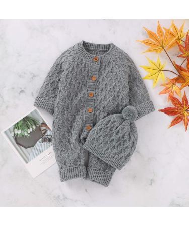DovFanny Baby Romper Suit | Solid Color Knit Jumpsuit with Hat | Newborn 3-6 Months | Grey - Buy Online on SooperMarket.com