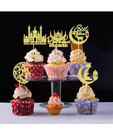 Cyodoos 25Pcs Eid Mubarak Cupcake Toppers Happy Eid Moon Star Ramadan Kareem Cupcake Picks for Eid Islamic Muslim Theme Party Cake Decorations Supplies - Gold Glitter Golden2 - Buy Online on SooperMarket.com