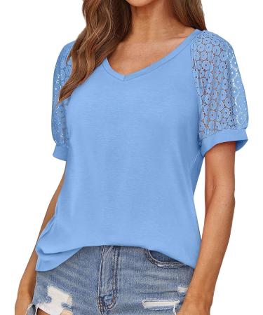 MALAIDOG Womens Lace Puff Sleeve Tunic Blouse - Floral V Neck Tee, Summer Flowy Top Blue - Buy Online on SooperMarket.com
