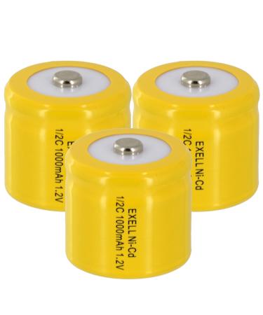 3x Exell 1/2C NiCD 1000mAh 1.2V Button top Rechargeable Battery