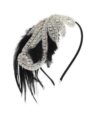 WLLHYF 1920s Flapper Headbands  Feather Vintage Headpiece Rhinestone Hairband Crystal Beaded Headbands Gatsby Party Hair Accessories for Women Girls (Silver)