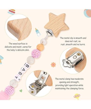 15-Piece Wood Pacifier Clips Set - DIY Beech Wooden Clip Holder for Teething Baby with Star, Heart, and Moon Designs - Buy Online on SooperMarket.com
