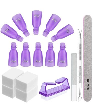 Gel Nail Remover Kit MORGLES 10PCS Nail Clips Gel Nail Remover Clips 300Pcs Nail Wipe Cotton Pads Nail Files 100/180 Glass Nail Shiner with Cuticle Pusher&Nail Brush for Gel Nail Removal Purple