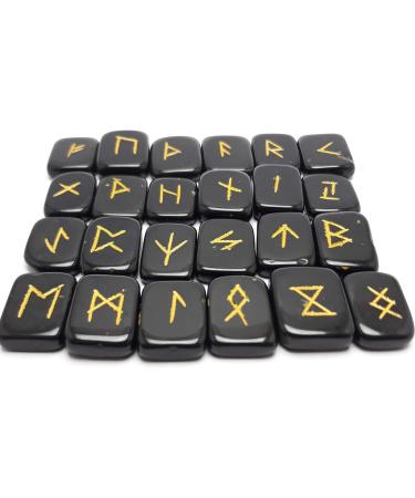 Black Tourmaline Runes Crystal Rune Stones Set Elder futhark Viking Gemstone Reiki Healing Golden Engraved Runic Alphabets (Black Tourmaline) - Buy Online on SooperMarket.com