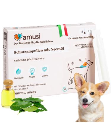 Amusi Protection ampoules with neem oil for dogs - 12 ampoules of 1 ml each - against ticks fleas mosquitoes lice - long -lasting and natural protection with a shield effect Protection ampoules for dogs