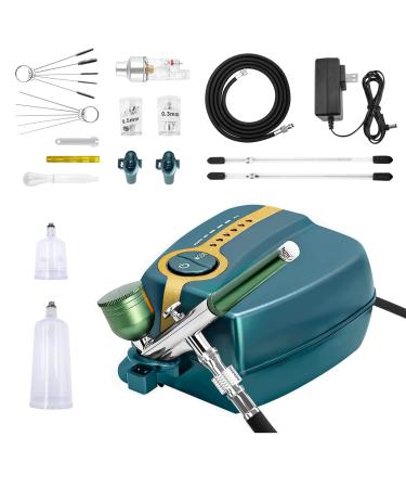 Tplook Upgraded 37PSI Airbrush Kit  Dual-Action Multi-Function Five-Stage Pressure Adjustment Action Airbrush Set with Automatic Stop Compressor for Make up Painting Tattoo Cake Manicure  Spray Model Green