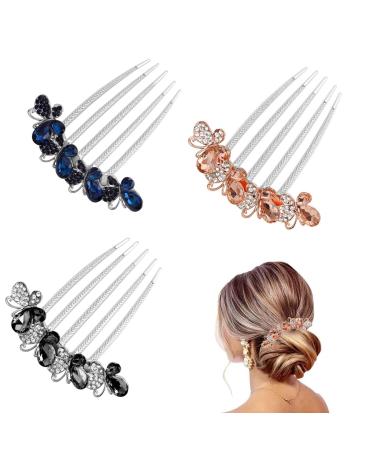 DHWEKU Rhinestone Hair Comb Hair Accessories Comb 3 Pieces Butterflies and Flowers Hair Comb with Rhinestones 3 Colours Bridal Hair Accessories Hair Side Comb for Women and Girls