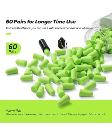 Buy Ear Plugs for Sleeping - 60 Pairs Noise Protection Foam Earplugs 38 dB SNR - Super Soft & Comfortable for Snoring Concerts & Loud Noises - Grass Green - Buy Online on SooperMarket.com
