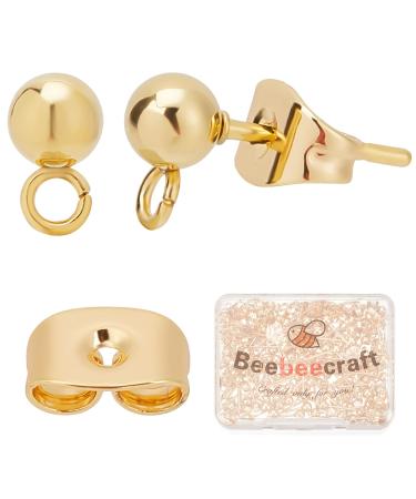 Beebeecraft 100PCS 24K Gold Plated Earring Studs Earring Posts Ball Stud Earrings with Loop with 100Pcs Butterfly Ear Back for DIY Jewelry Dangle Earring Making(15x7mm) 24K Ball Studs