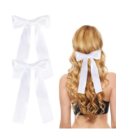 2 Pack Hair Bows for Girls and Women Large Bow Hair Clips Hair Barrette with Long Silky Satin White Hair Accessories for Girls(White)