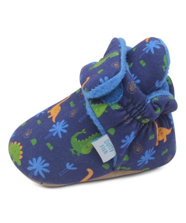 Dotty Fish Cotton Baby Booties with Suede Sole. Warm Fleece Lining. Non-Slip Pram Shoes. Stay On Slippers. From 0-18 months. Boys Girls Unisex. Winter First Shoes. 0-6 Months Navy Blue With Dinosaurs