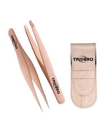 Professional Tweezers Set of 2 - Stainless Steel Professional Tweezers Kit Slant Tip and Pointed Tweezers - Tweezers for Eyebrows - Tweezers for Ingrown Facial Hair Splinter Blackhead Removal (Rose Gold)
