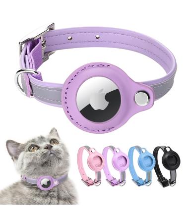 Mouyou Airtag cat neck band leather Airtag collar cat with safety clasp collar with holder Airtag case for tracking big cat and small dog adjustable from 28-37cm purple