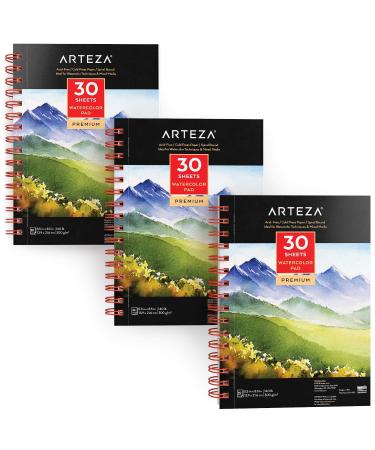 Arteza Premium Watercolour Paper Pad, 3 Pack, 90 Sheets, 13.9 x 21.6 cm, Spiral Bound, 300gsm Watercolour Paper, Cold-Pressed, Acid-Free, Art Supplies for Watercolour Techniques and Mixed Media Watercolor Pad5.5X8.5 3 Pack