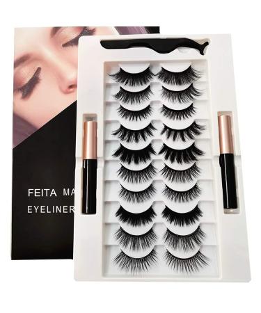 FEITA Upgraded Magnetic Eyelashes Kit with Eyeliner - 10 Pairs Magnetic False Lashes Natural Look with Applicator 2 Tubes Magnetic Eyeliner - Easy to Apply & No Glue Needed