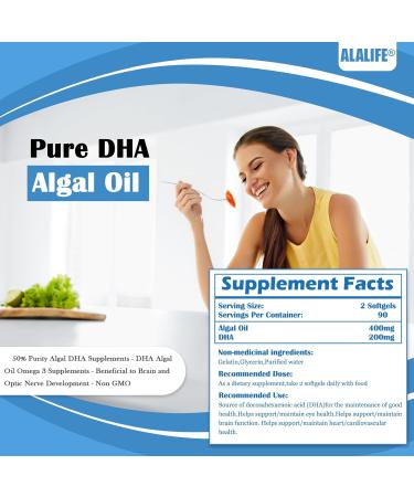 ALALIFE Algal Oil - 180 Capsules - 50% Purity Algal DHA Supplements - DHA Algal Oil Omega 3 Supplements - Beneficial to Brain and Optic Nerve Development - Non GMO - Buy Online on SooperMarket.com