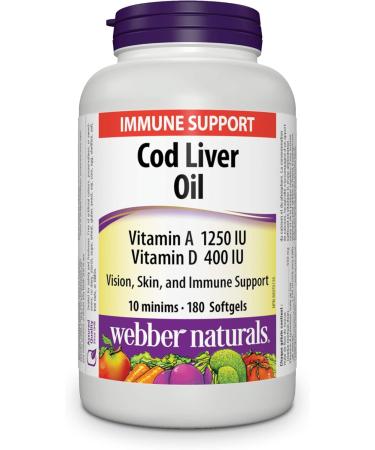Webber Naturals Cod Liver Oil with Vitamin A and D3 180 Softgels Vision Skin and Immune Support & Vitamin D3 2500 IU Extra Strength 180 Softgels For Healthy Bones Teeth Vitamin +Vitamin D3 2500 IU - Buy Online on SooperMarket.com