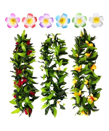 9 Pcs Hawaiian Leis Plumeria Hair Clips Hawaii Luau Tropical Flower Leaf Wreath Hairclip Women Floral Barrettes Hair Pins Headpiece Garland Necklace Wedding Summer Beach Vacation Party Decorations