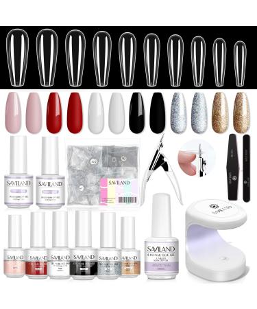 SAVILAND Gel X Nail Polish Kit - White Black Glitter Gel Polish Set with Long Coffin Nail Tips 240Pcs Base & Top Coat 15ml Nail Glue Gel And Nail Lamp Starter Friendly Gel X Nail Kit DIY Nail Art Extention Tool Gift for ...