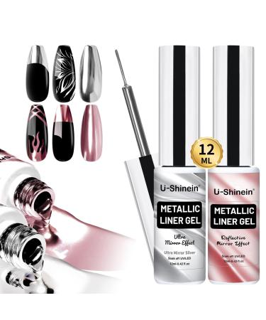 U-Shinein 2x12ml Metallic Painting Nail Gel Liner Super Silver & Rose Gold Metal Painted Drawing Gel Strong Mirror Reflection Nail Art Paint Nail Liner Gel UV Nail Gel with Build in Thin Brush