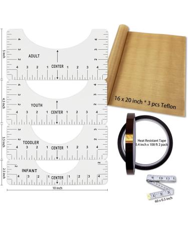 T-Shirt Alignment Ruler Set with Heat Resistant Tape, PTFE Teflon Sheets - 4 Rulers, 2 Rolls Tape, 3 Packs Sheets, 1 Tape Measure - Buy Online on SooperMarket.com
