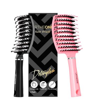 Hair Brush URTHEONE Detangling Hairbrush Boar Bristle Curved Vented Hair Brush for Women Men Kids Curly Thick Long Short Wet or Dry Hair  Faster Blow Drying(2PK  Black&Pink)