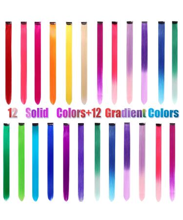 24 Pcs Colored Hair Extensions Colorful Clip in Hair Extensions 22 inch Synthetic Straight Hair Extensions for Kids Girls Women A 24Pcs - Solid color + Gradient color
