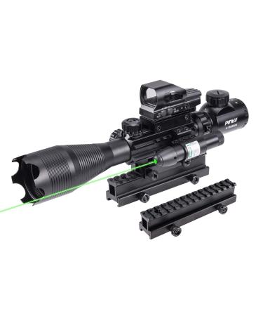 Pinty Rifle Scope 4-16X50 Illuminated Optics Sight Green Laser, Reflex Holographic Dot Sight, Riser Mount 14 Slots 1 inch High Riser Mount