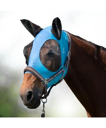 Harrison Howard fly mask for horses super comfortable elastic fly mask with ear protection and UV protection azure blue L full size Full (Large) blue (Azure Blue)
