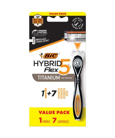 BIC Flex 5 Hybrid Disposable Razors for Men, Sensitive Skin Razor For a Smooth and Close Shave, 1 Handle and 7 Cartridges With 5 Blades