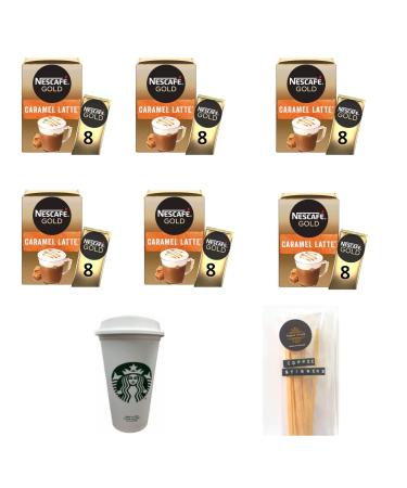 Nescafe Gold Instant Coffee Sachets Contains 48 Caramel Latte Sachets Bundled With 48 x Temas Store Coffee Stirrers & 1 x Reusable Coffee Cup| Coffee Gift Set | Coffee Sachets Individually Wrapped