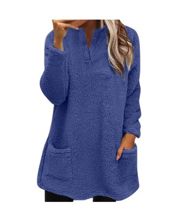 AMhomely Ladies Womens Soft Teddy Fleece Hooded Jumper Plus Size Double Fleece Casual Hoodies With Pocket V Neck Soft Fleece Hooded Sweatshirts Plain Pullover Tops Winter Lightweight Lounge Tops 04 Dark Blue XXL