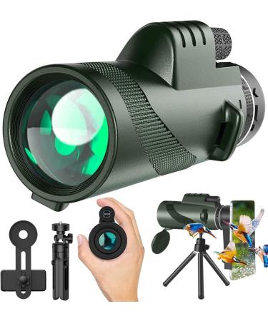 80x100 HD Monocular Telescope for Adults with Smartphone - High Power Monocular with Adapter Lightweight BAK-4 Prism & FMC Lens Monoculars for Bird Watching Stargazing Hunting Camping Hiking Travel Green-mm