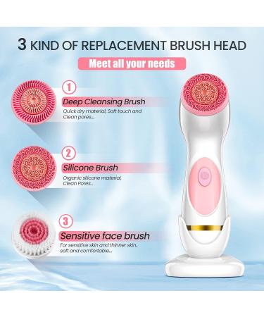 Facial Cleansing Brush Waterproof Deep Cleaning Exfoliation Rotating Spa Machine with 2 Speed Modes Electric Face Brush with 3 Replacement Brush Heads for Women (Pink)  - Buy Online on SooperMarket.com