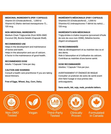 Nutridom Vitamin D3 1 000 IU + K2 MK-7 120 mcg with MCT Oil Cholecalciferol D3 + Natto-Derived Menaquinone-7 Non-GMO Free of Gluten Soy & Dairy (120 count) - Buy Online on SooperMarket.com