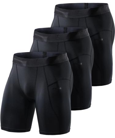 TSLA Men's Athletic Compression Shorts Sports Performance Active Cool Dry Running Tights Core 3pack Shorts Black/ Black/ Black Large