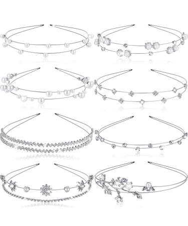 8 Pcs Double Layer Wedding Crystal Headband Rhinestone Headband Pearls Flower Hairbands Silver Metal Headband Decorative Headpiece Headdress Hair Accessories Valentines Day Girl Women Bride Bridesmaid