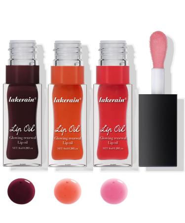 3 Colours Hydrating Lip Tinted Oil Moisturizing Crystal Jelly Lip Gloss Ultra-Shiny Finish Soften & Smoothes Lips Texture Plumping Liquid Lipstick for Girls and Women