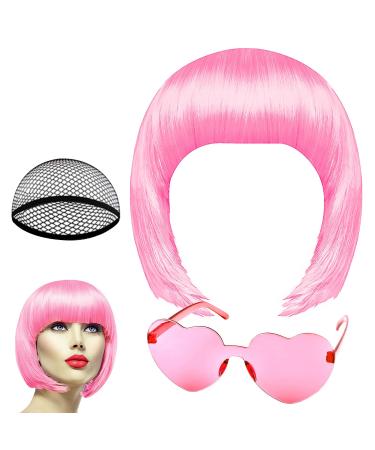 PLULON Pink Short Bob Wig and Sunglass Set Neon Short Bob Wig Sunglass Pack Costume Colorful Cosplay Wig Hairpieces for Bachelorette Neon Party Favors Halloween Decorations