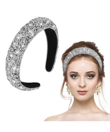 WLLHYF Rhinestone Headband Bling Crystal Hair Hoops Glitter Sparkle Thick Padded Hairband Diamond Beaded Headband Fashion Valentine's Day Gift Hair Accessories for Women Girls Silver
