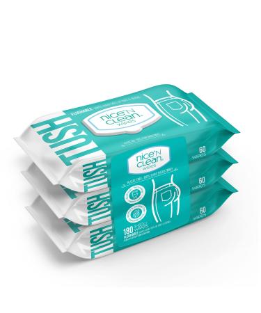 Nice 'N Clean Adult Flushable Wipes (3 x 60 Count) | Personal Cleansing Wipes Made from Plant-Based Fibers | Infused with Aloe & Vitamin E 60 Count (Pack of 3)