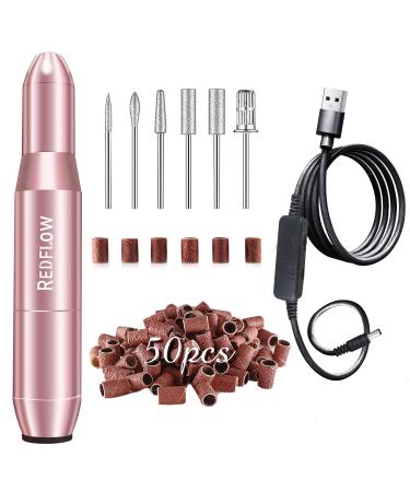 Electric Nail Drill Kit RedFlow Professional Nail Drill Machine for Nail File Exfoliating Abrasive Acrylic Nail Drill with 6 Pcs Nail Drill Bits and 50 Sanding Bands Nail Drill Set (Pink)