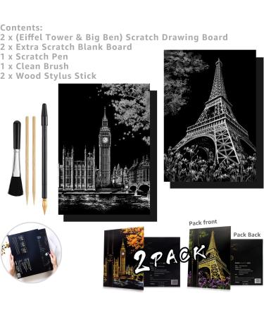Rainbow Scratch Painting Kit for Adults & Teens - Eiffel Tower/Big Ben Theme - DIY Craft Art Set - Creative Gift - 16'' x 11.2'' - Includes 3 Tools - Buy Online on SooperMarket.com