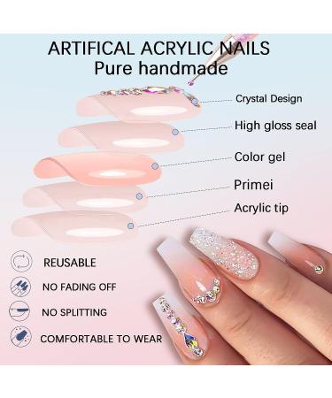 Pink Glitter Gradient Medium Ballerina Press on Nails with Crystal Gem Design - 24Pcs Luxurious False Nails Set for Women & Girls - Buy Online on SooperMarket.com