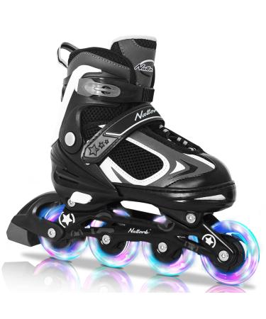 Nattork Adjustable Inline Skates for Kids with Light Up Wheel, Outdoor & Indoor Illuminating Blades Roller Skates for Boys and Girls, Beginners BLACK Medium-Big Kid(1Y-3Y)